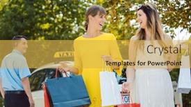  Presentation with taxi - Presentation design consisting of two women showing each other their shopping bags getting out of taxi background and a yellow colored foreground