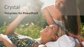  Presentation with full length portrait two men women brown sweater - Slide set enhanced with two-women-sitting-in-meadow background and a soft green colored foreground