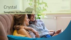  Presentation with using digital tablet - Slide deck consisting of two-women-sitting-on-sofa background and a  colored foreground