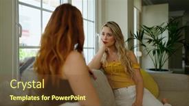  Presentation with speaking - Presentation theme enhanced with two-women-sitting-on-sofa background and a tawny brown colored foreground