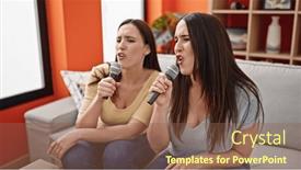  Presentation with women - PPT theme consisting of two-women-sitting-on-sofa background and a tawny brown colored foreground