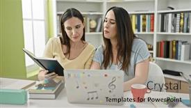  Presentation with reading table - PPT theme having two-women-sitting-on-table background and a light gray colored foreground