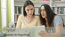  Presentation with reading table - Presentation design featuring two-women-sitting-on-table background and a mint green colored foreground