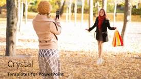  Presentation with women photos - Beautiful slides featuring two women taking photos in the autumn after shopping backdrop and a coral colored foreground