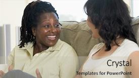  Presentation with two people talking - PPT theme enhanced with two women talking in living background and a mint green colored foreground