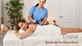  Presentation with patient women abdominal ultrasound - PPT theme consisting of two-women-therapist-and-patient background and a lemonade colored foreground