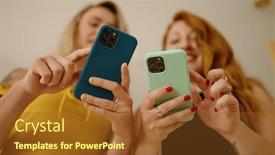  Presentation with smartphones - Slides having two-women-using-smartphones-standing background and a  colored foreground