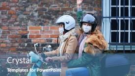 Presentation with masks - Amazing presentation design having two-women-wearing-masks backdrop and a teal colored foreground