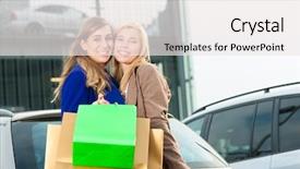 Presentation with women driving - Audience pleasing presentation consisting of two women were shopping in a mall or shopping centre and driving home now with their car backdrop and a sky blue colored foreground