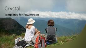  Presentation with trekking - PPT theme consisting of two-women-with-backpacks background and a  colored foreground