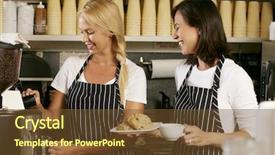  Presentation with men and women working in harmony - Slide set enhanced with two women working in coffee background and a  colored foreground