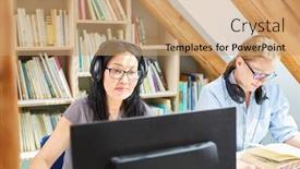  Presentation with learning - Presentation enhanced with two-women-working-on-e background and a coral colored foreground