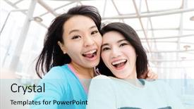  Presentation with together - Cool new PPT theme with two womwn taking photo together backdrop and a arctic colored foreground