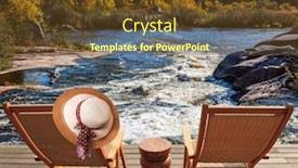  Presentation with water dam - Theme enhanced with two wooden chairs and hat on the shore of winnipeg river foam water rapids on the smooth stones old pinawa dam park the concept of ecological and recreational tourism background and a tawny brown colored foreground