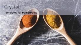  Presentation with curry powder - Colorful theme enhanced with two-wooden-spoons-with-chili backdrop and a light gray colored foreground