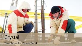  Presentation with construction equipment - Audience pleasing theme consisting of two workers at building area in winter using construction equipment - levelling instrument backdrop and a coral colored foreground