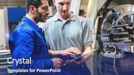  Presentation with cnc lathe machine - Presentation design featuring two workers discussing a project background and a navy blue colored foreground