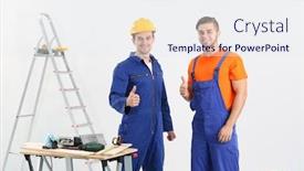  Presentation with apartment - Cool new slide deck with two workers renewing apartment indoor backdrop and a sky blue colored foreground