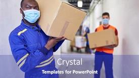  Presentation with face masks - Colorful slide deck enhanced with two-workers-with-face-masks backdrop and a royal blue colored foreground