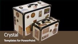  Presentation with contemporary world two columns - Beautiful slide deck featuring two world travelers suitcases isolated over white backdrop and a tawny brown colored foreground