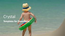  Presentation with swim boy - Slide set consisting of two year old toddler boy with inflatable swim ring on beach background and a gray colored foreground