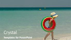  Presentation with swim boy - PPT theme with two year old toddler boy with inflatable swim ring on beach background and a gray colored foreground