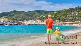  Presentation with vacation - Presentation theme having two year old toddler boy walking on beach with father holding inflatable ring summer family vacation sithonia greece background and a coral colored foreground