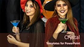  Presentation with cocktail party - Cool new slide set with two young adult and teenager girls celebrating a halloween party carnival festival in halloween costumes drinking alcohol cocktail backdrop and a wine colored foreground