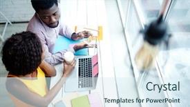  Presentation with data analyst - Colorful PPT theme enhanced with two young analysts interacting backdrop and a sky blue colored foreground