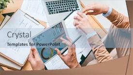  Presentation with electronic signature document automation - Slide set consisting of two young analysts sitting by workplace while working with electronic financial documents in touchpad and papers background and a light blue colored foreground