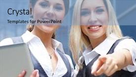  Presentation with business women - Audience pleasing slides consisting of two young attractive business women looking to the laptop backdrop and a light blue colored foreground