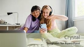  Presentation with laptop wireless - Presentation theme consisting of two-young-beautiful-girls background and a mint green colored foreground