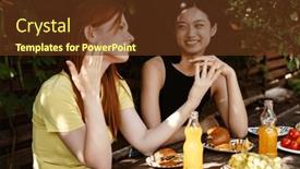  Presentation with dinner party - Presentation theme with two-young-beautiful-multinational-women background and a tawny brown colored foreground