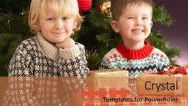  Presentation with christmas presents - Audience pleasing theme consisting of two young boys with presents in front of christmas tree backdrop and a coral colored foreground