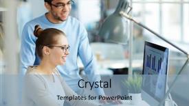  Presentation with business growing - Slide set with two young business colleagues smiling and looking happy as they see growing financial statistics on screen of desktop computer in modern office background and a light blue colored foreground