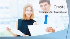  Presentation with working together - Amazing slides having two-young-business-collegue-working backdrop and a sky blue colored foreground