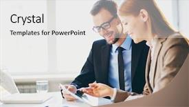  Presentation with business partner - Audience pleasing slide set consisting of two young business partner backdrop and a white colored foreground