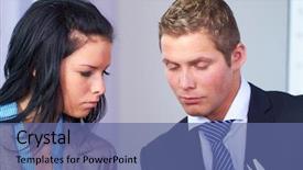  Presentation with paperwork - Cool new PPT theme with two young business people sitting at table and have laugh while working on some paperwork backdrop and a ocean colored foreground