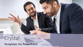  Presentation with young business people - Slide deck featuring two-young-business-people-work background and a light blue colored foreground