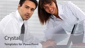  Presentation with young business people - Colorful slides enhanced with two young business people working backdrop and a  colored foreground