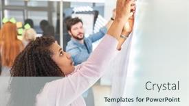  Presentation with build - Colorful PPT layouts enhanced with two-young-business-people backdrop and a sky blue colored foreground