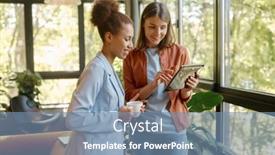  Presentation with coworking - Presentation theme enhanced with two-young-business-woman-enjoying background and a seafoam green colored foreground