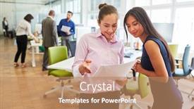  Presentation with business women - Amazing presentation design having two-young-business-women-discuss backdrop and a coral colored foreground