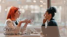  Presentation with business women - PPT layouts consisting of two-young-business-women-sitting background and a coral colored foreground