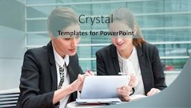  Presentation with business women - Cool new PPT theme with two young business women works together backdrop and a light blue colored foreground