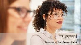  Presentation with business women - Audience pleasing presentation design consisting of two-young-business-women backdrop and a  colored foreground