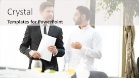  Presentation with questions - PPT layouts with two-young-businessmen-discussing-business background and a white colored foreground
