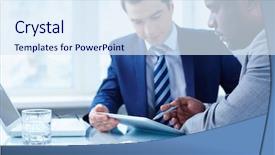  Presentation with data meeting - Cool new slide deck with two young businessmen discussing data backdrop and a sky blue colored foreground