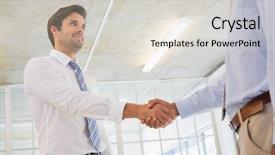  Presentation with low angle view of volleyball - Colorful PPT theme enhanced with two young businessmen shaking hands backdrop and a light gray colored foreground