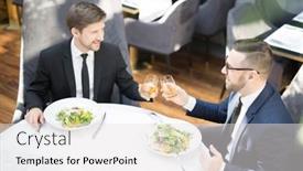  Presentation with restaurant toasting - Slide deck enhanced with two young businessmen toasting with glasses of juice by business lunch in restaurant background and a white colored foreground